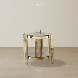 Lindsay Polished Champagne Gold Stainless Steel Round Side Table - Smoke Glass Top