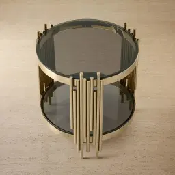 Lindsay Polished Champagne Gold Stainless Steel Round Side Table - Smoke Glass Top