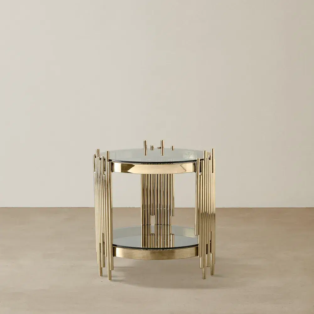 Lindsay Polished Champagne Gold Stainless Steel Round Side Table - Smoke Glass Top