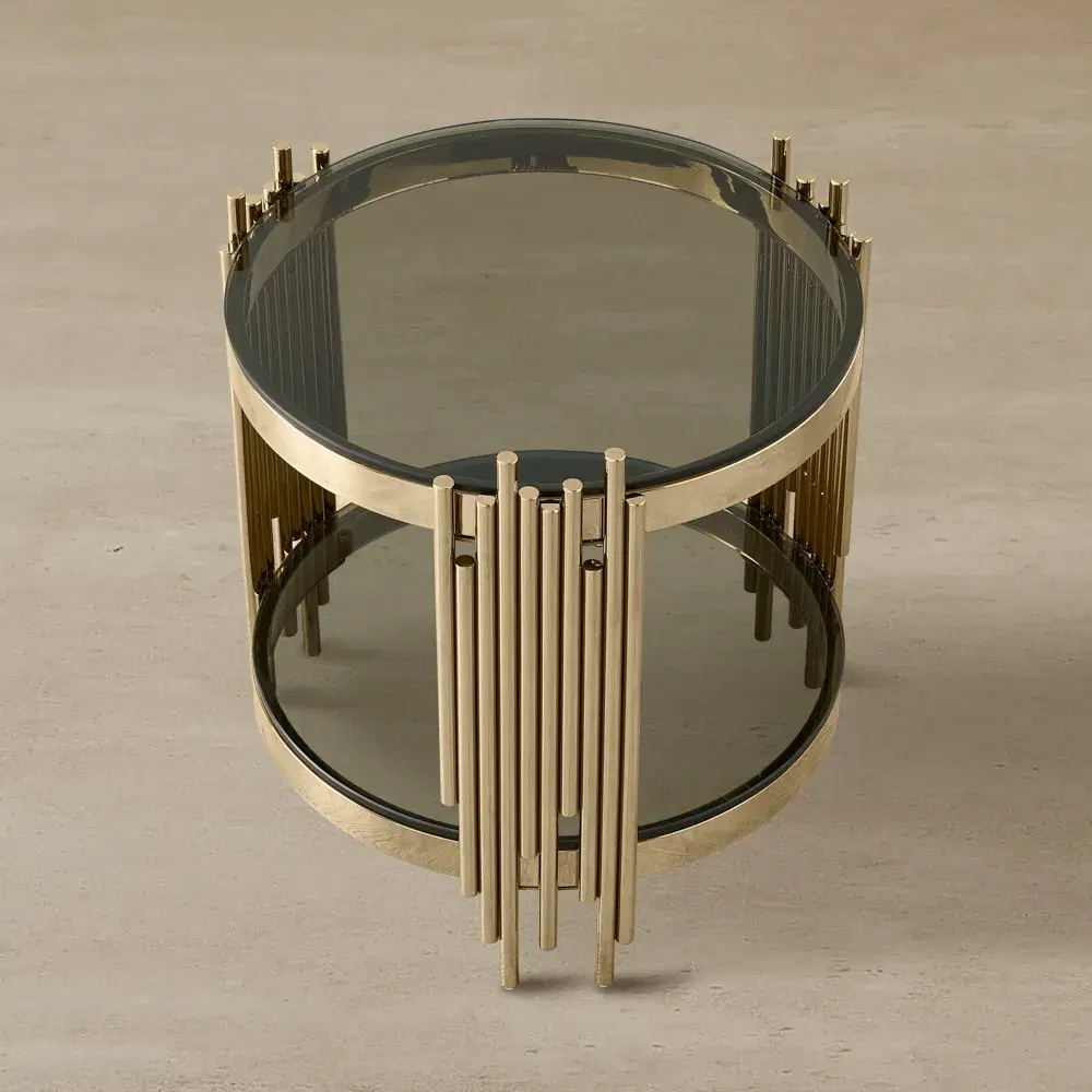 Lindsay Polished Champagne Gold Stainless Steel Round Side Table - Smoke Glass Top