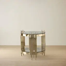 Lindsay Polished Champagne Gold Stainless Steel Round Side Table - Smoke Glass Top