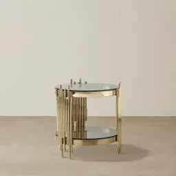 Lindsay Polished Champagne Gold Stainless Steel Round Side Table - Smoke Glass Top