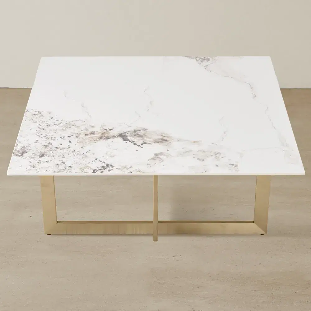 Dianne White Grey-Streaked Sintered Stone Coffee Table - Brushed Champagne Gold Stainless Steel Frame