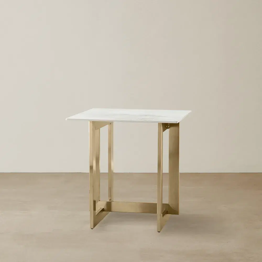 Dianne White Grey-Streaked Sintered Stone Side Table - Brushed Champagne Gold Stainless Steel Frame