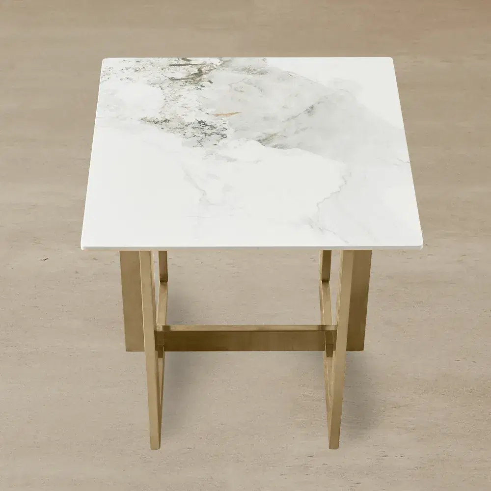 Dianne White Grey-Streaked Sintered Stone Side Table - Brushed Champagne Gold Stainless Steel Frame