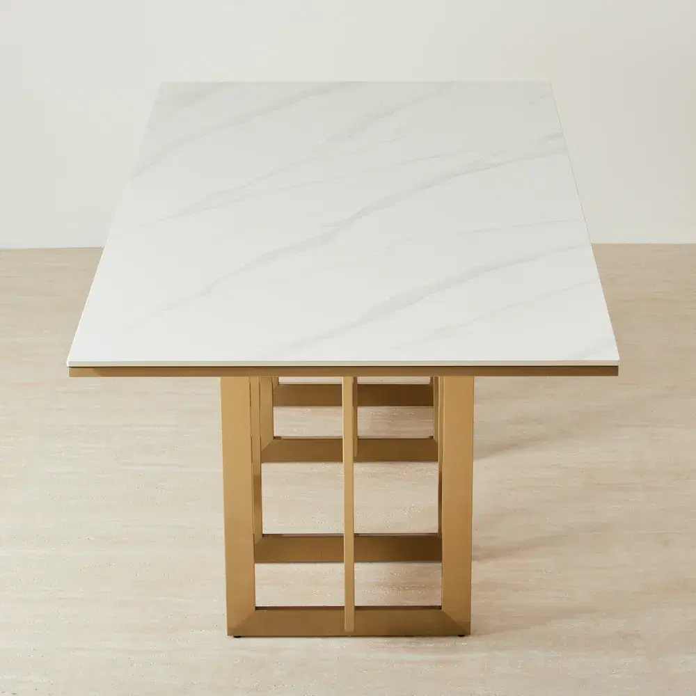 Maia White Sintered Stone Dining Table - Brushed Champagne Gold Stainless Steel Legs 200x100cm