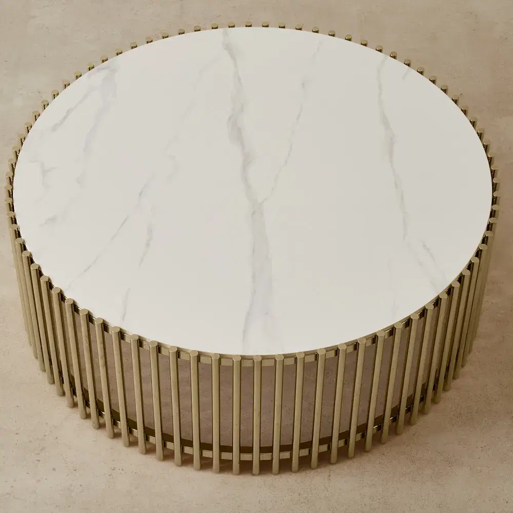 Amaya White Sintered Stone Coffee Table - Champagne Gold Legs