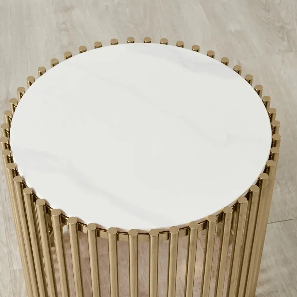 Amaya White Sintered Stone Side Table - Champagne Gold Legs