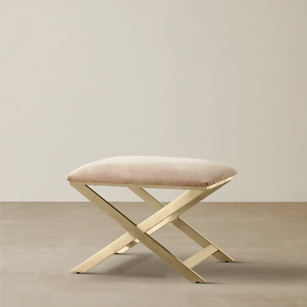 Elle Beige Velvet Ottoman - Brushed Champagne Gold Stainless Steel Legs