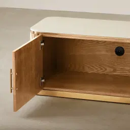 San Pierre Light Brown Ash Veneer Entertainment Unit with Travertine Finish Sintered Stone Top