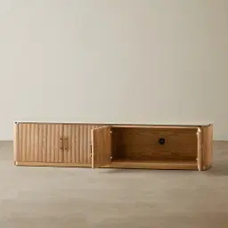 San Pierre Light Brown Ash Veneer Entertainment Unit with Travertine Finish Sintered Stone Top