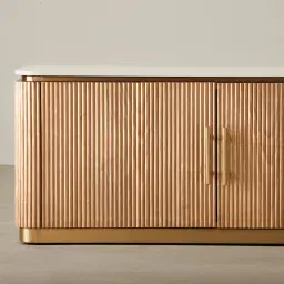 San Pierre Light Brown Ash Veneer Entertainment Unit with Travertine Finish Sintered Stone Top