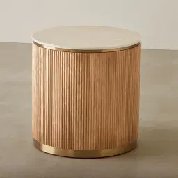 San Pierre Light Brown Ash Veneer Side Table with Travertine Finish Sintered Stone Top