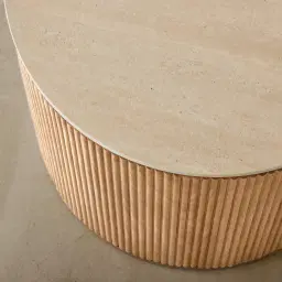 San Pierre Light Brown Ash Veneer Side Table with Travertine Finish Sintered Stone Top