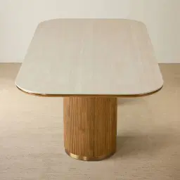 San Pierre Light Brown Ash Veneer Two-Leg Rectangular Dining Table with Travertine Finish Sintered Stone Top - 240x120cm