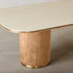 San Pierre Light Brown Ash Veneer Two-Leg Rectangular Dining Table with Travertine Finish Sintered Stone Top - 240x120cm