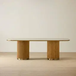 San Pierre Light Brown Ash Veneer Two-Leg Rectangular Dining Table with Travertine Finish Sintered Stone Top - 240x120cm
