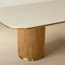 San Pierre Light Brown Ash Veneer Two-Leg Rectangular Dining Table with Travertine Finish Sintered Stone Top - 240x120cm