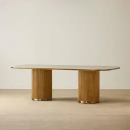 San Pierre Light Brown Ash Veneer Two-Leg Rectangular Dining Table with Travertine Finish Sintered Stone Top - 240x120cm