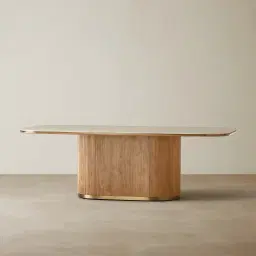 San Pierre Light Brown Ash Veneer Single Leg Rectangular Dining Table with Travertine Finish Sintered Stone Top - 240x120cm