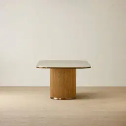 San Pierre Light Brown Ash Veneer Single Leg Rectangular Dining Table with Travertine Finish Sintered Stone Top - 240x120cm