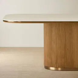 San Pierre Light Brown Ash Veneer Single Leg Rectangular Dining Table with Travertine Finish Sintered Stone Top - 240x120cm