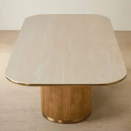 San Pierre Light Brown Ash Veneer Single Leg Rectangular Dining Table with Travertine Finish Sintered Stone Top - 240x120cm