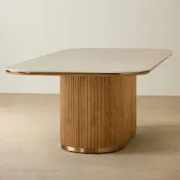 San Pierre Light Brown Ash Veneer Single Leg Rectangular Dining Table with Travertine Finish Sintered Stone Top - 240x120cm