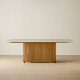 San Pierre Light Brown Ash Veneer Single Leg Rectangular Dining Table with Travertine Finish Sintered Stone Top - 240x120cm