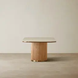 San Pierre Light Brown Ash Veneer Single Leg Rectangular Dining Table with Travertine Finish Sintered Stone Top - 240x120cm