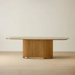 San Pierre Light Brown Ash Veneer Single Leg Rectangular Dining Table with Travertine Finish Sintered Stone Top - 240x120cm