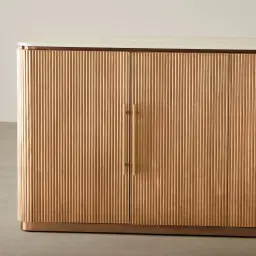 San Pierre Light Brown Ash Veneer Sideboard with Travertine Finish Sintered Stone Top