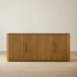 San Pierre Light Brown Ash Veneer Sideboard with Travertine Finish Sintered Stone Top
