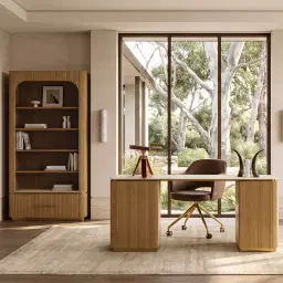 San Pierre Light Brown Ash Veneer Study Desk with Travertine Finish Sintered Stone Top