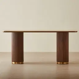 San Pierre Walnut Veneer Two-Leg Console Table with Travertine Finish Sintered Stone Top