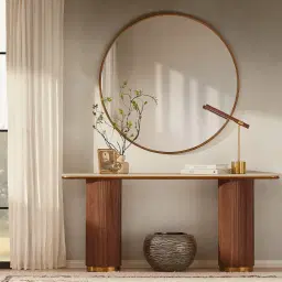 San Pierre Walnut Veneer Two-Leg Console Table with Travertine Finish Sintered Stone Top
