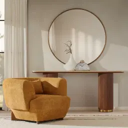 San Pierre Walnut Veneer Two-Leg Console Table with Travertine Finish Sintered Stone Top