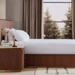 San Pierre Walnut Veneer Bedside Table with Travertine Finish Sintered Stone Top