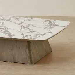 Dunstan Medium Brown Veneer Coffee Table with Calcatta Viola Sintered Stone Top