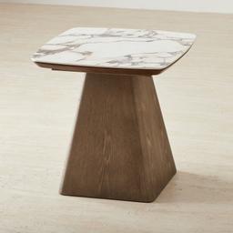 Dunstan Medium Brown Veneer Side Table with Calcatta Viola Sintered Stone Top