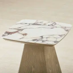 Dunstan Medium Brown Veneer Side Table with Calcatta Viola Sintered Stone Top