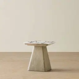 Dunstan Medium Brown Veneer Side Table with Calcatta Viola Sintered Stone Top