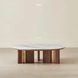 Sir Lionell Gliding White Sintered Stone Coffee Table - Walnut Brown Wooden Legs