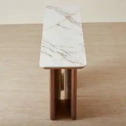 Sir Lionell Gliding White Sintered Stone Console Table - Walnut Brown Wooden Legs
