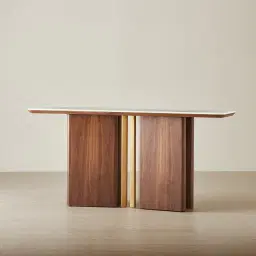 Sir Lionell Gliding White Sintered Stone Console Table - Walnut Brown Wooden Legs