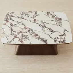 Dunstan Amber Brown Veneer Coffee Table with Calcatta Viola Sintered Stone Top