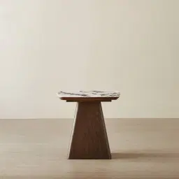 Dunstan Amber Brown Veneer Side Table with Calcatta Viola Sintered Stone Top