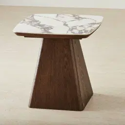Dunstan Amber Brown Veneer Side Table with Calcatta Viola Sintered Stone Top