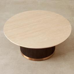 San Pierre Ebony Brown Ash Veneer High Round Coffee Table with Travertine Finish Sintered Stone Top