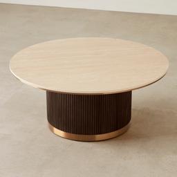 San Pierre Ebony Brown Ash Veneer High Round Coffee Table with Travertine Finish Sintered Stone Top